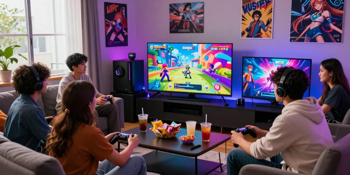 Exciting gaming scene with friends enjoying hentaigames on a large screen, colorful characters and interactive elements.