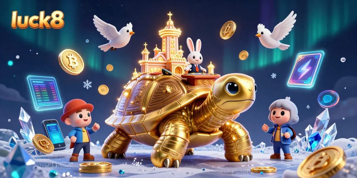 Engage with luck8 as birds carry golden coins under a giant tortoise casino, immersive 3D illustration.