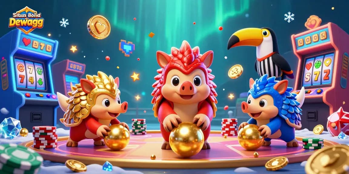 Situs Bola Resmi Dewagg showcases rival pangolins in a dynamic gaming scene with colorful casino elements.