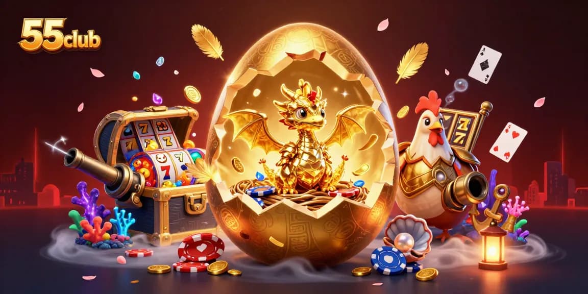 Watch the 55club dragon emerge from a golden egg in this colorful gambling-themed illustration.
