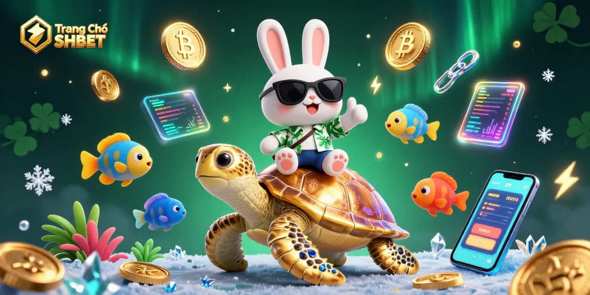Engage in thrilling gaming adventures with Trang Chủ SHBET’s vibrant 3D casino illustration featuring a lucky rabbit and sea turtle.