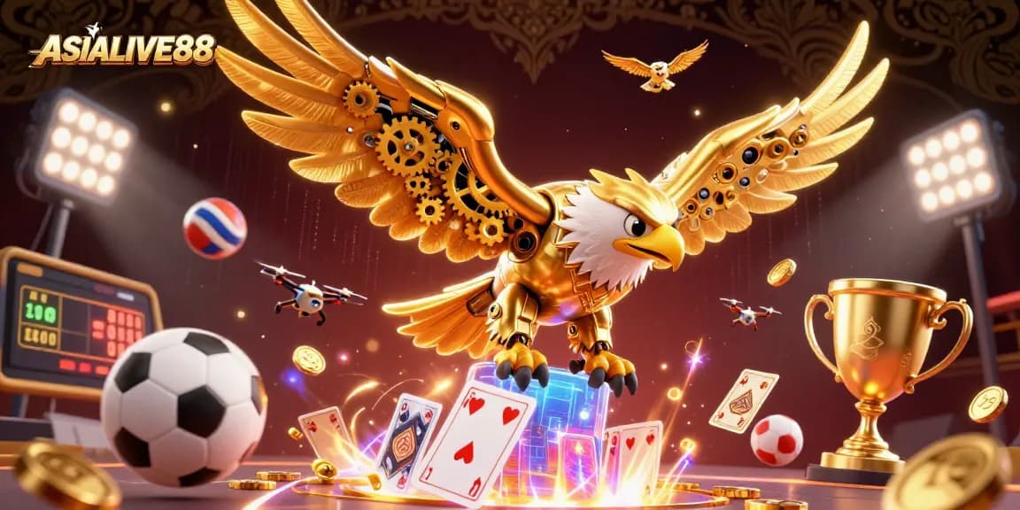 Witness thrilling action with ASIALIVE88 as a cybernetic eagle dives through dynamic gaming elements.