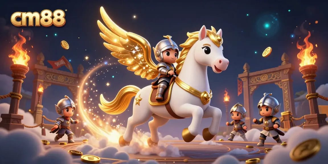 Experience cm88 at this dynamic 3D illustration showcasing a mythical horse, knight, and casino elements.