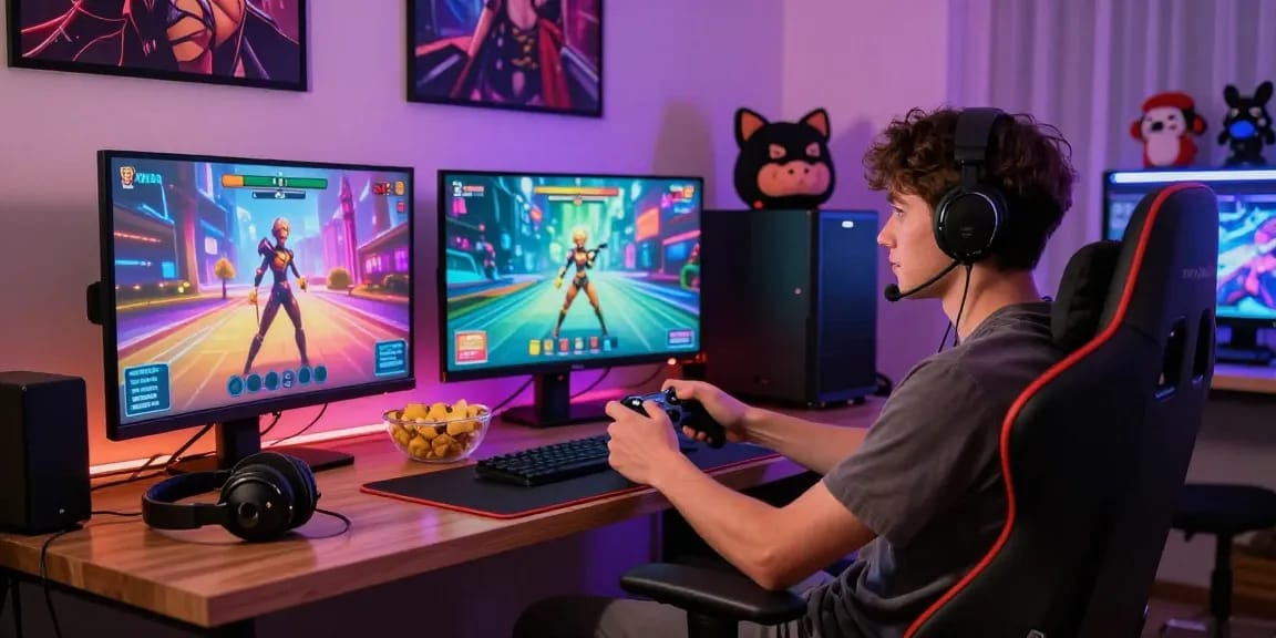 Player enjoying a free porn game in a stylish gaming setup with vibrant graphics.