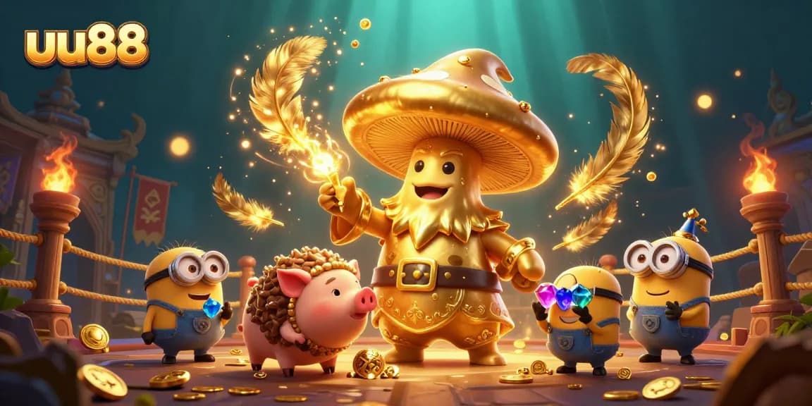 uu88 players enjoy a magical experience with a golden wizard and treasure in an exciting casino scene.