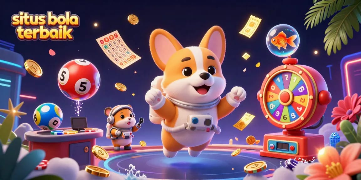 Engage in the action with situs bola terbaik, showcasing vibrant lottery elements and characters in a dynamic casino scene.