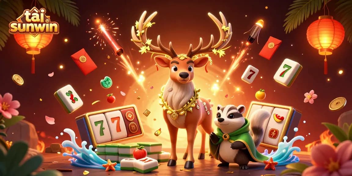 Engaging scene with a druid stag and badger showcasing tải sunwin as slot reels and festive elements surround them.