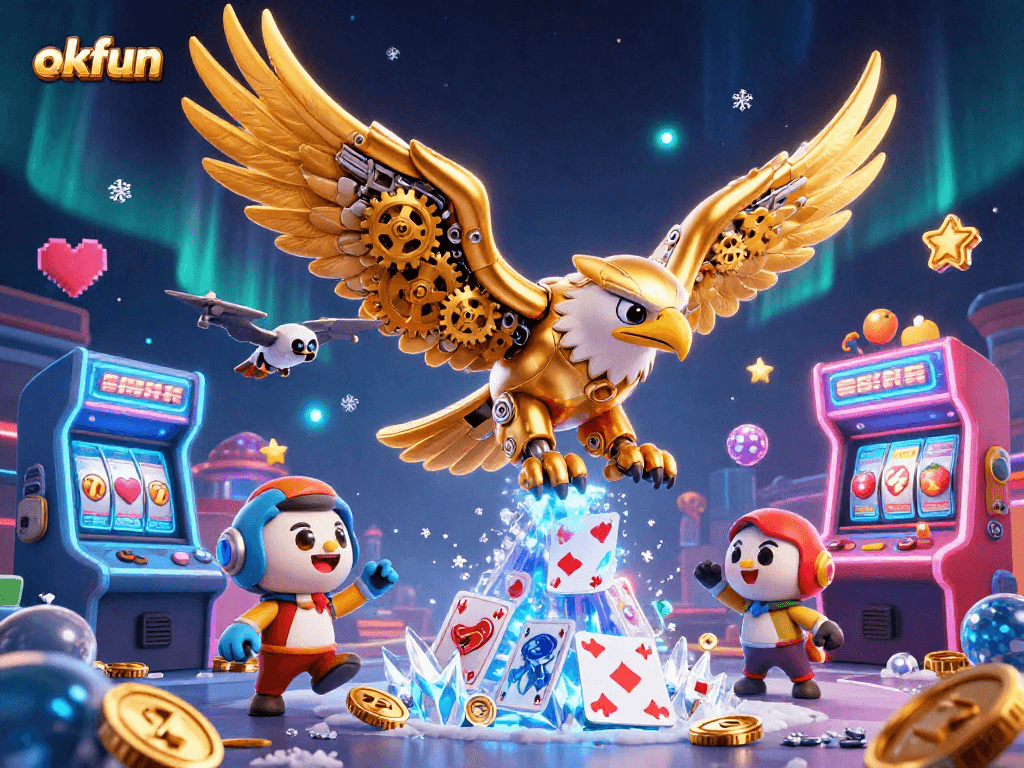 Experience thrills at okfun with a golden eagle soaring through a vibrant casino-themed world.