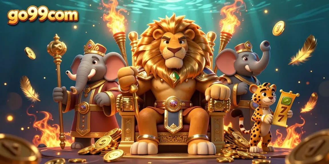 Engage with go99com's vibrant online casino featuring a regal lion king and energetic gaming elements.