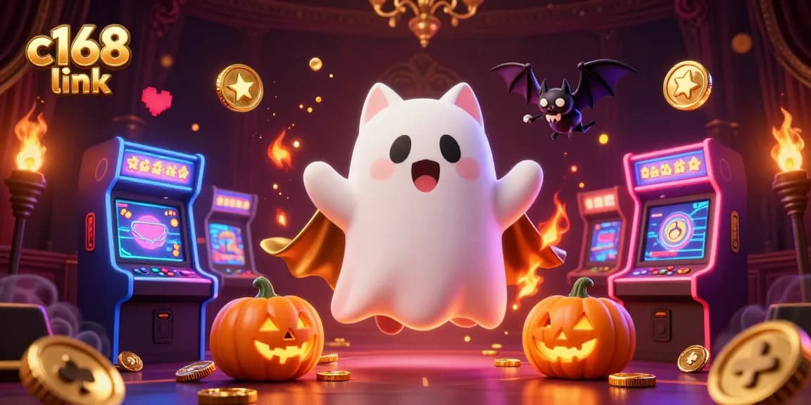 Experience thrilling wins at c168 link with a ghost cat and bat companion in this vibrant casino scene.