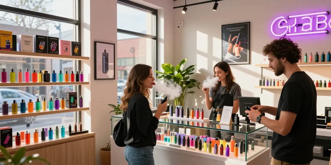 Browse the top disposable vapes shop in the USA, showcasing a variety of colorful vape products in a cozy urban setting.