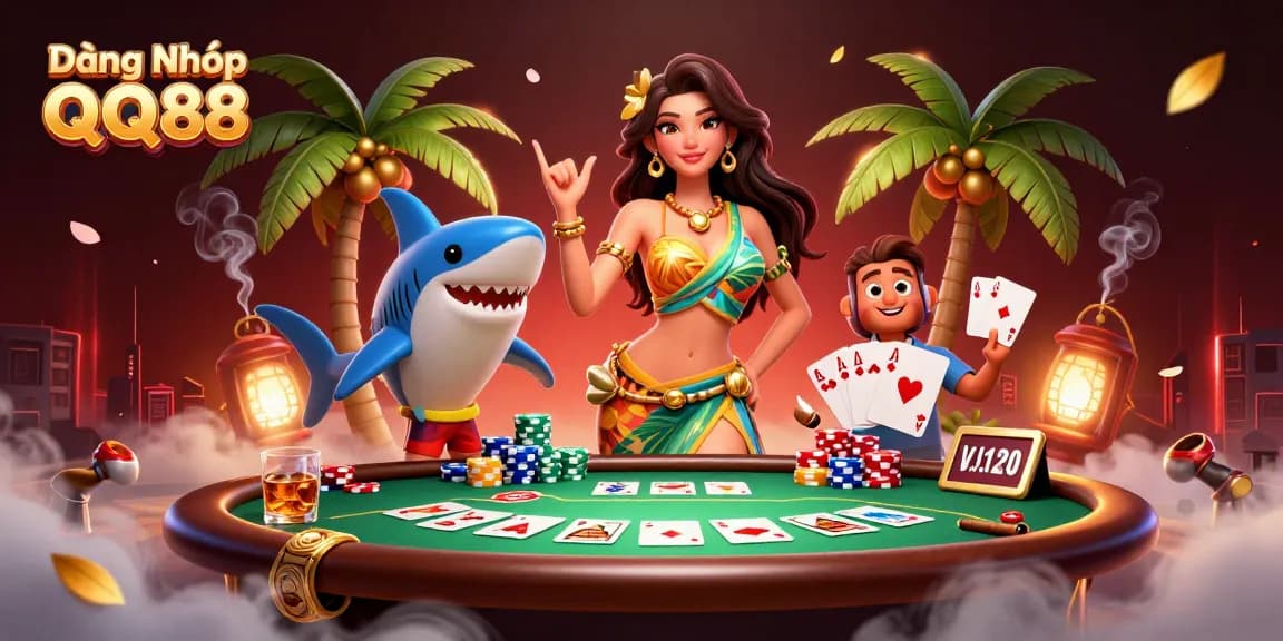 Experience Đăng Nhập QQ88 with vibrant casino action featuring poker elements and beach vibes.