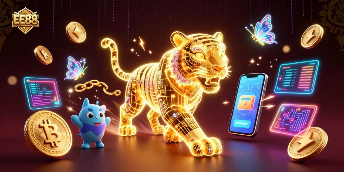 EE88 offers thrilling gameplay with a neon-wireframe tiger amidst cryptocurrencies and vibrant casino elements.