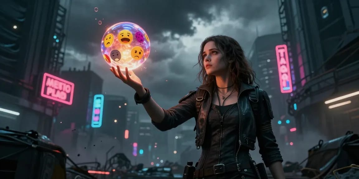 Emma reaching for emotions in a dystopian sci-fi novel setting.