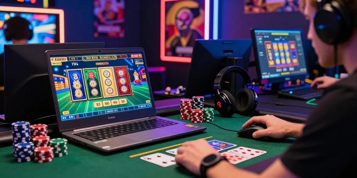 LUCK8 online gaming scene with vibrant graphics and engaged player in a neon-lit room.