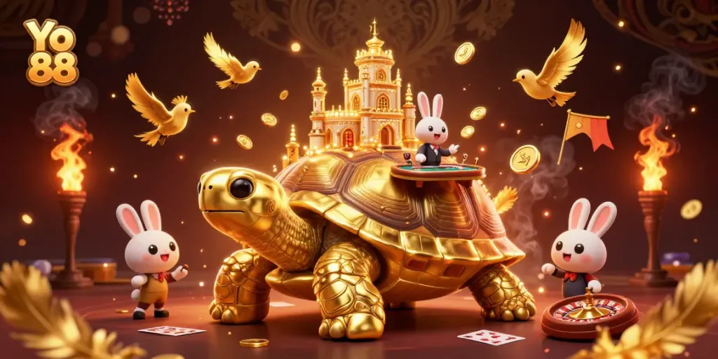 Experience lively gameplay at Yo 88 with a golden tortoise, dealer, and casino elements.