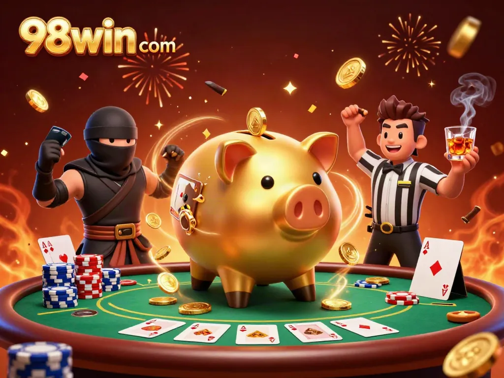 Experience thrilling wins at 98win com with a lively 3D casino scene featuring dynamic characters and poker elements.