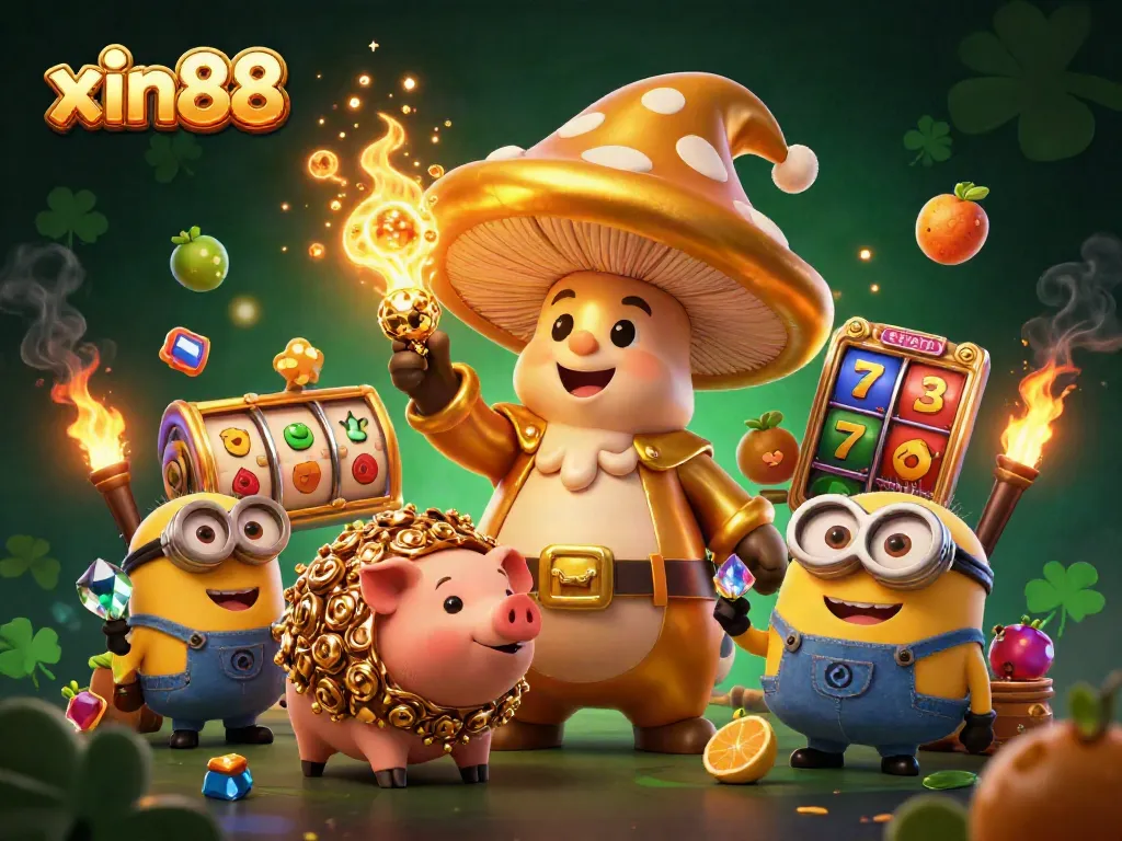 Engage with xin88's vibrant casino world featuring a golden wizard, treasure, and lively game elements.