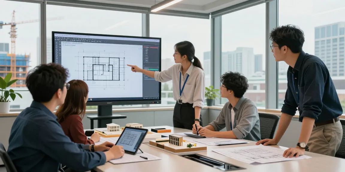 Team of Structural Engineering Consultants Canada reviewing blueprints in modern office setting.