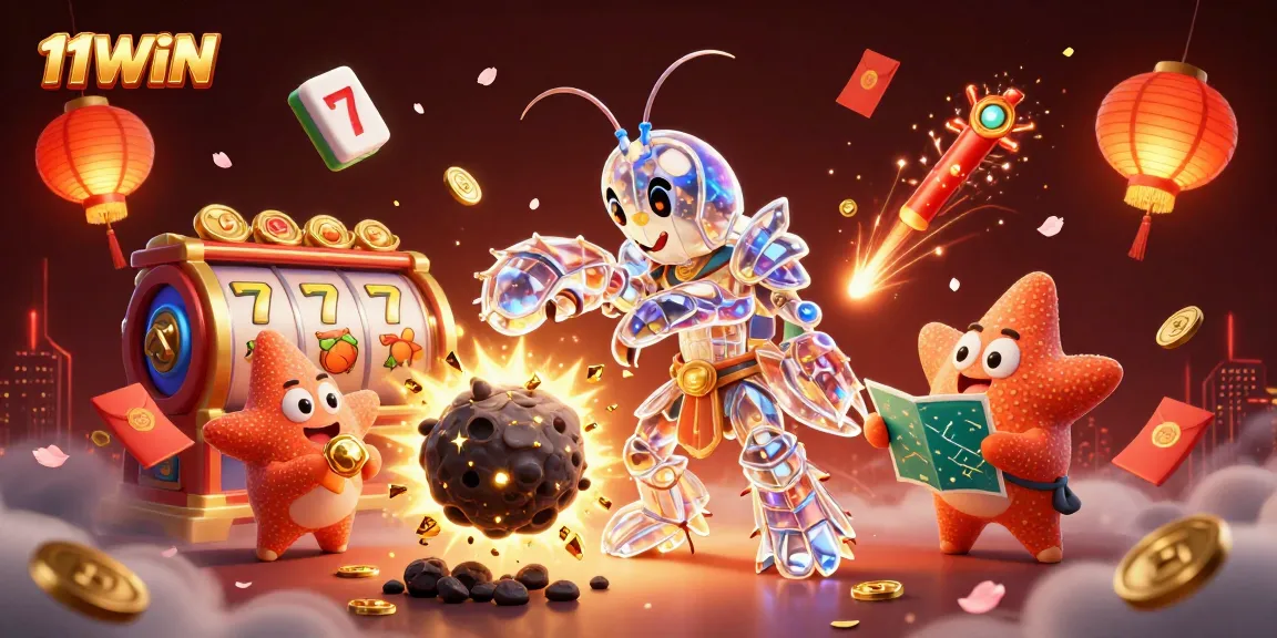 Experience thrilling wins at 11WIN with slot reels, samurai mantis shrimp, and dazzling gems.