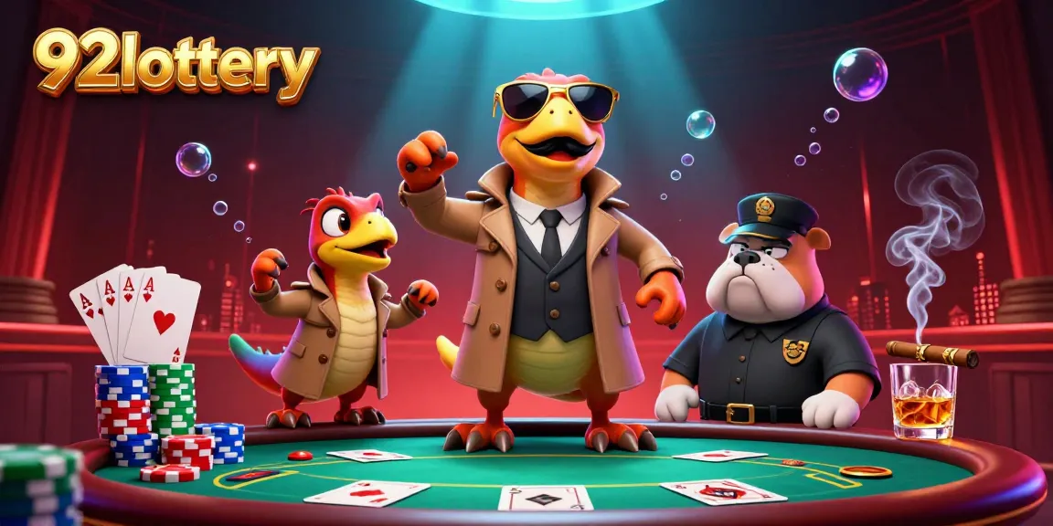 Engage with the action at 92lottery as cartoon raptors sneak into a VIP casino lounge, showcasing vibrant poker elements.