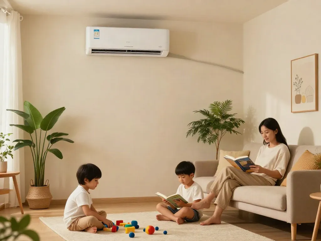 Cozy living room with a family enjoying comfort from a mini split air conditioner.