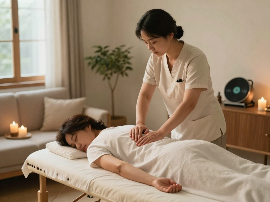 Comfortable at-home 강남출장안마 session with a professional therapist and serene atmosphere.