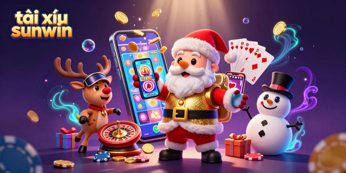 Engage with tài xỉu sunwin as Santa and friends celebrate wins with a smartphone and casino elements.