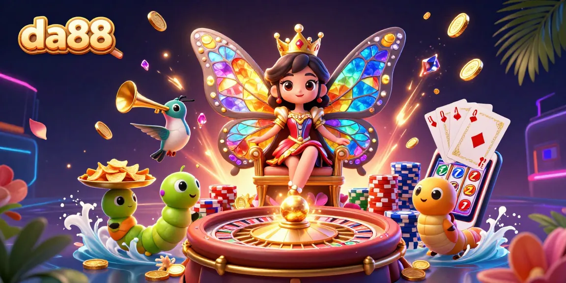 Experience thrilling gaming with da88's vibrant casino graphics, cascading coins, and colorful characters.