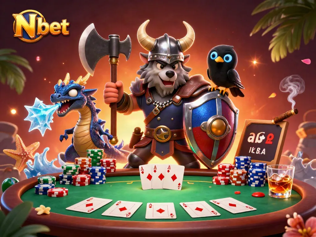 N bet showcases exciting poker action with a Viking wolf warrior, fierce dragon, and cartoon raven in a vibrant casino scene.