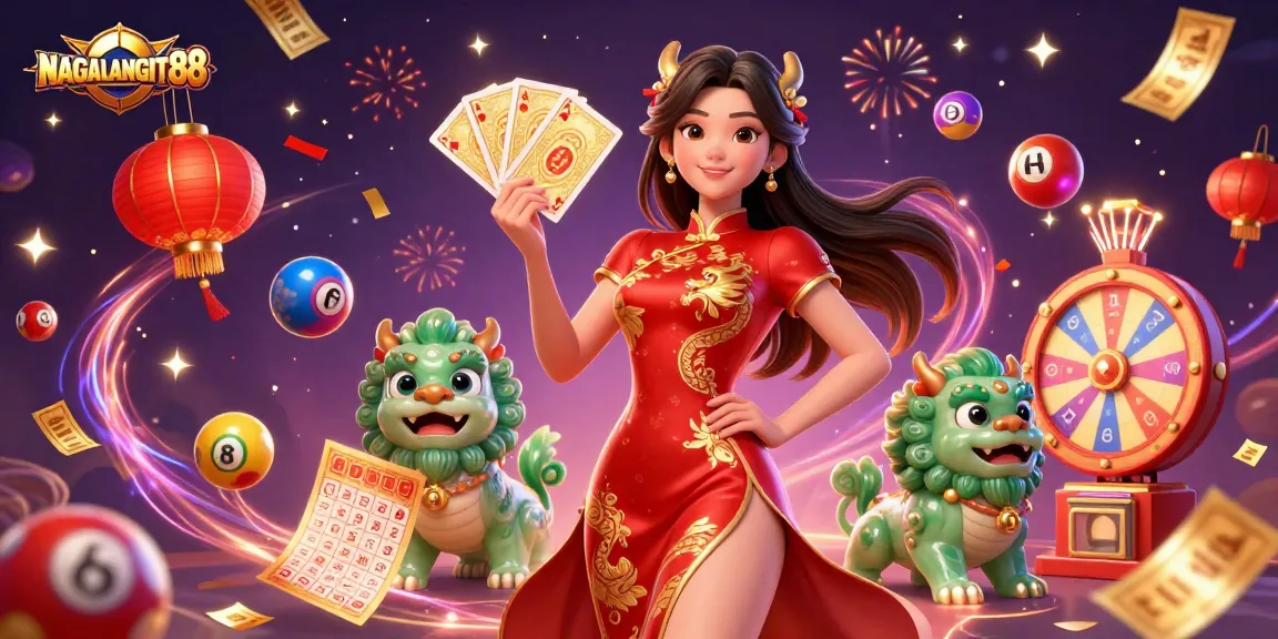 Engage with NAGALANGIT88's vibrant gaming scene featuring dynamic lottery elements and a captivating character.