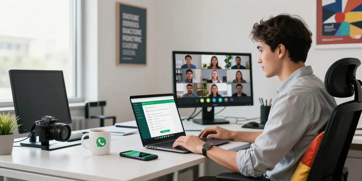Professional using WhatsApp網頁版 on a laptop in a modern office setup