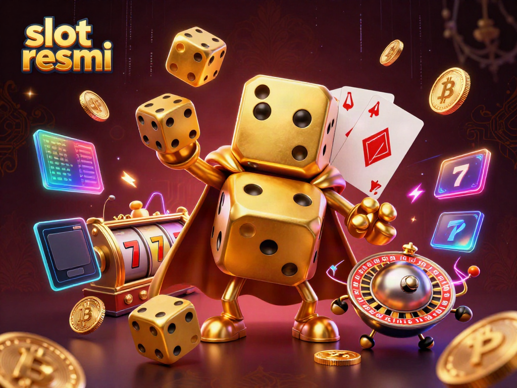 Engage with the vibrant scene of slot resmi featuring a golden dice golem, showcasing thrilling jackpots.