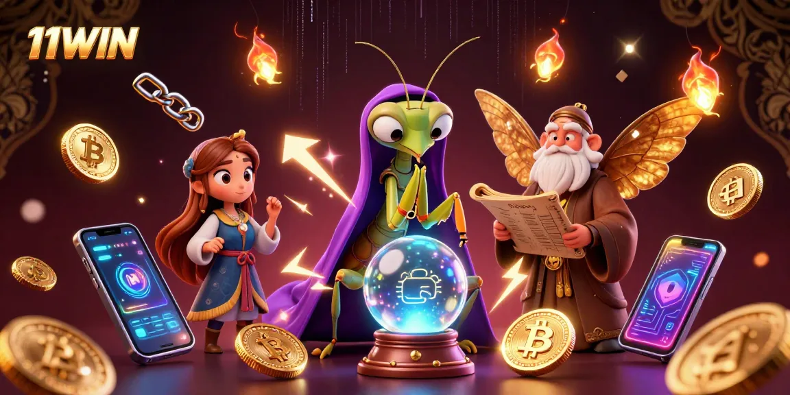 Engage with 11WIN's vibrant casino scene featuring a mystic fortune teller and digital cryptocurrencies.