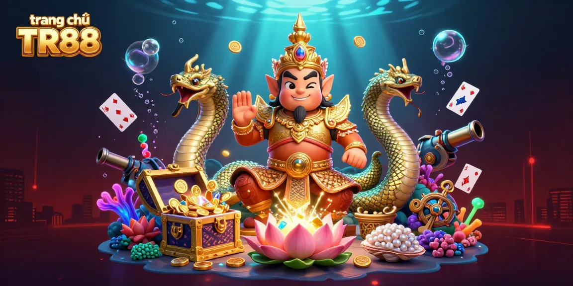 Experience the energetic scene of trang chủ TR88 featuring a temple guardian and vibrant underwater treasure.