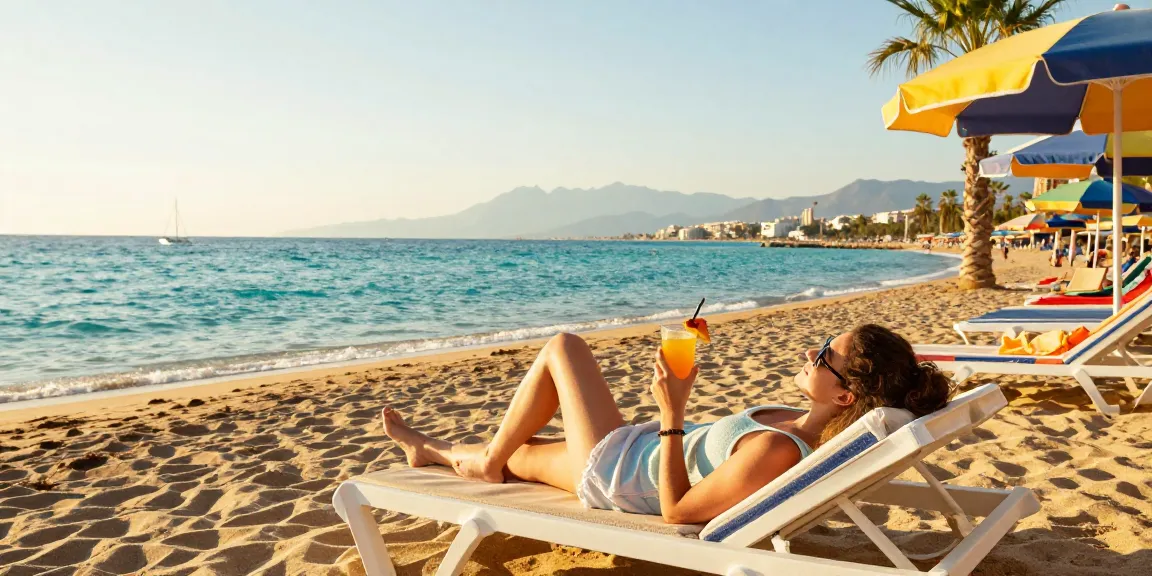 Relaxing traveler soaking in Antalya weather in October at a beach with turquoise water and golden sand.