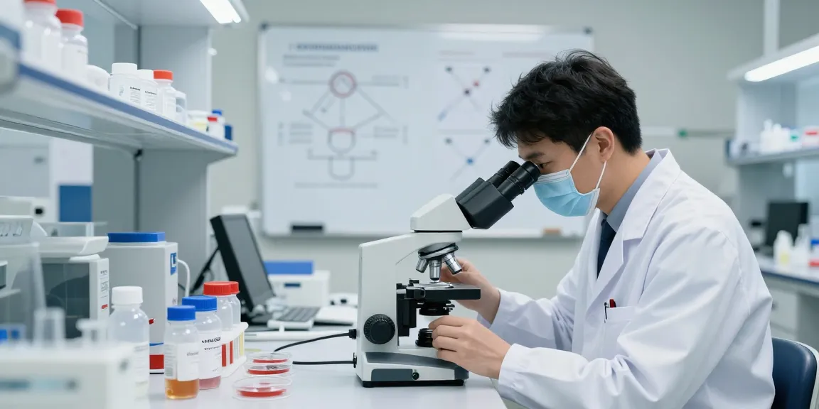 Researcher analyzing SwissChems peptides in a modern lab setting with advanced equipment and organized workspace.