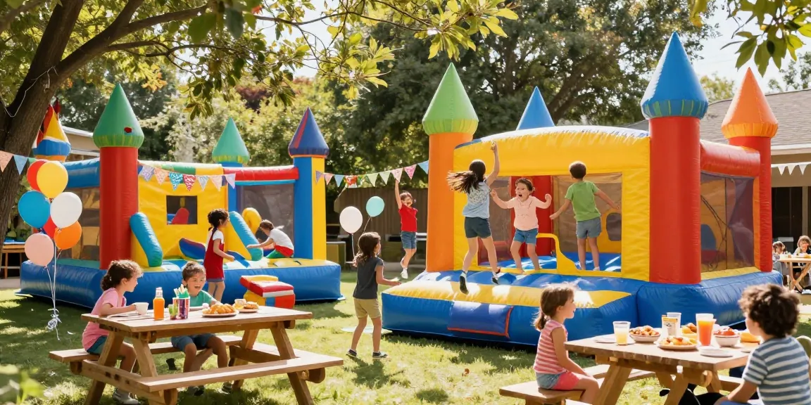 Children enjoying bounce houses at a vibrant outdoor birthday party.