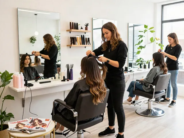 No damage hair extensions being applied in a stylish beauty salon, showcasing expert techniques and vibrant products.