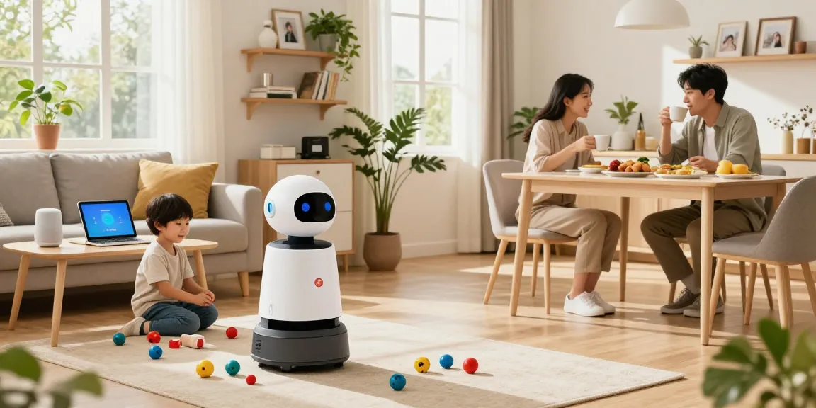 Home robot organizing toys in a family living room, enhancing daily routines seamlessly.