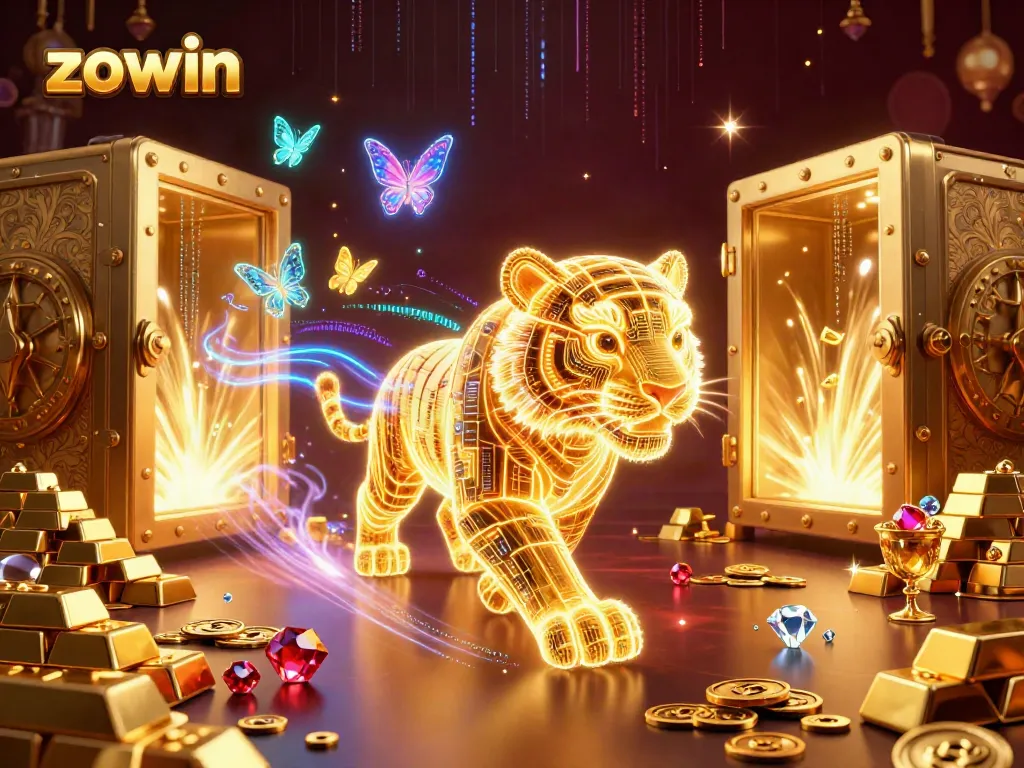 Engage with the vibrant digital casino world at Zowin featuring a neon-wireframe tiger amidst golden treasures and games.