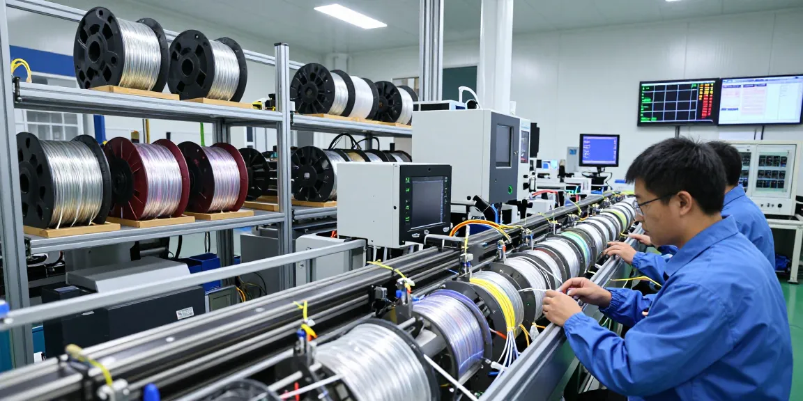 Engineers inspecting fiber optic cables in a high-tech manufacturing facility