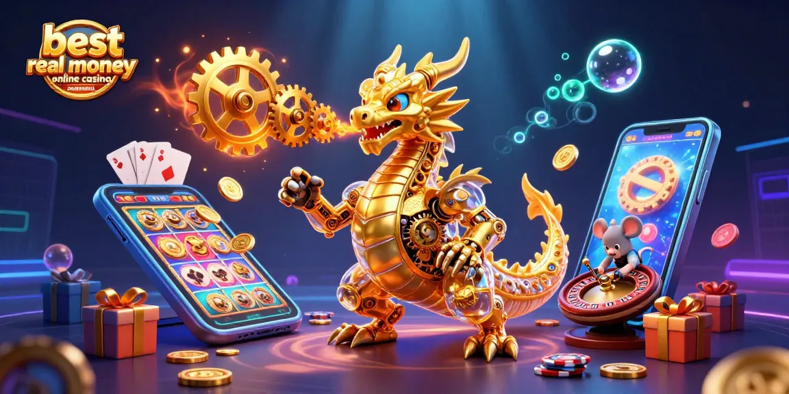 Experience the excitement at the best real money online casino Australia, featuring a biomechanical dragon and interactive games.