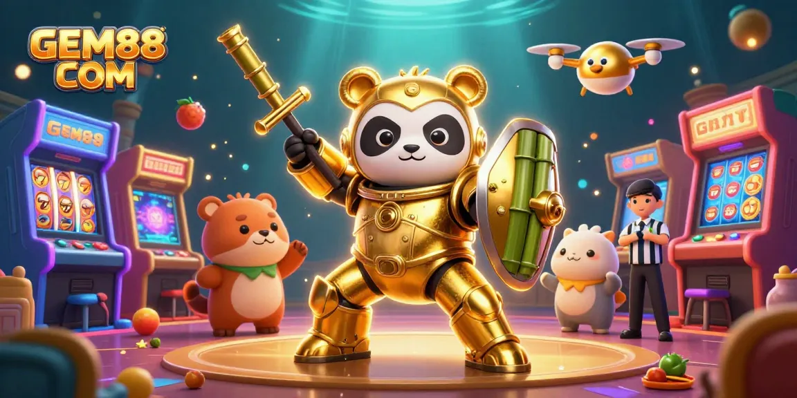 Join the action with GEM88 COM in a dynamic casino scene featuring vibrant slot machines and a golden panda!
