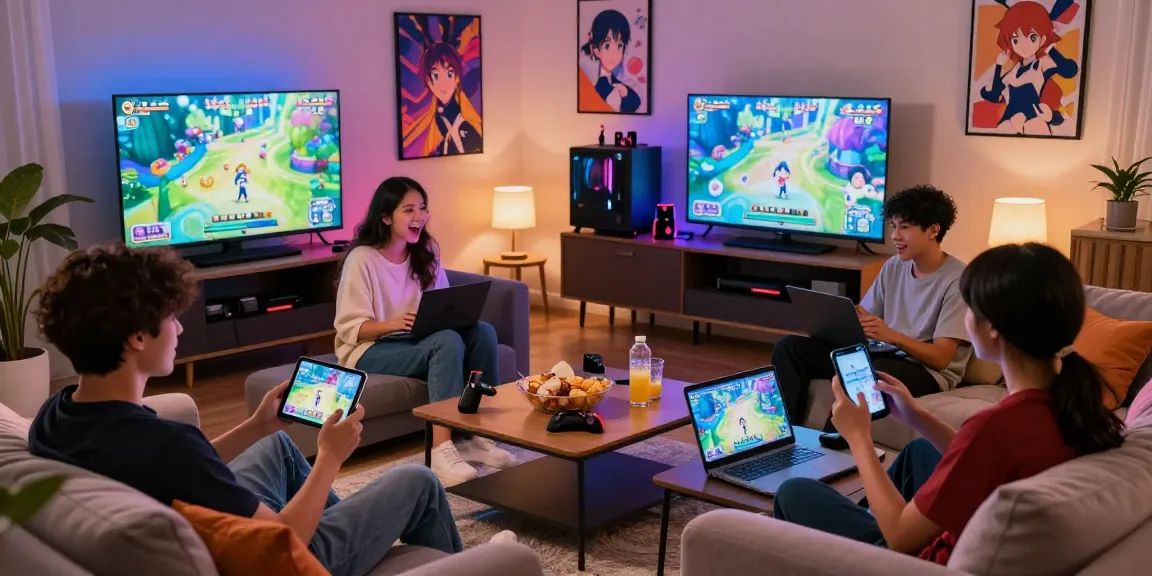 Enjoying vibrant hentaigames in a lively gaming environment with friends on various devices.