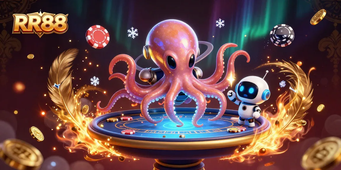 Engage with RR88's immersive 3D alien octopus at a futuristic poker table amidst cosmic casino elements.