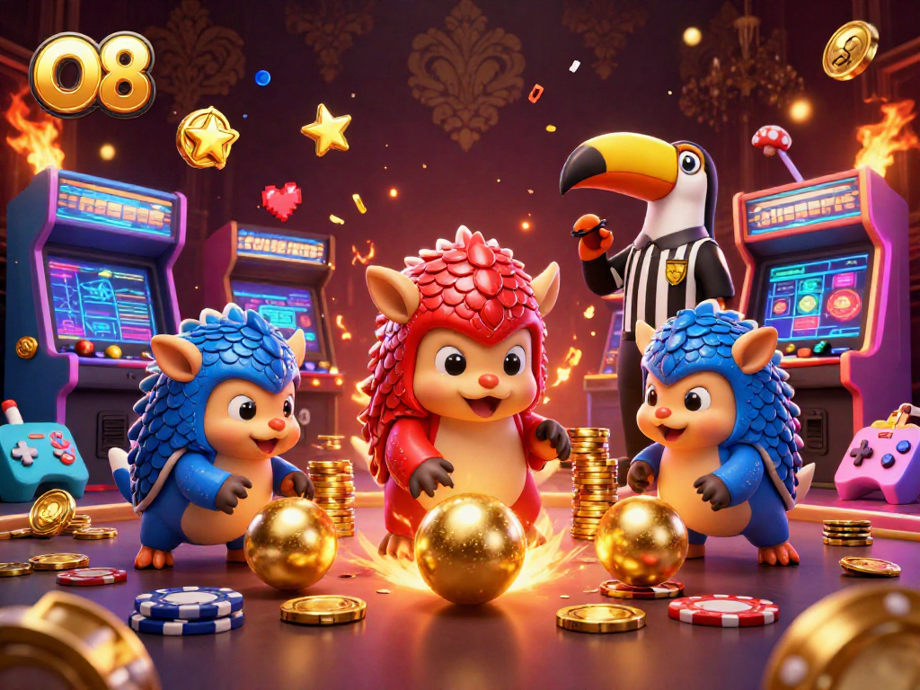 Experience intense betting action with O8 as rival pangolins compete in a vibrant 3D casino scene.