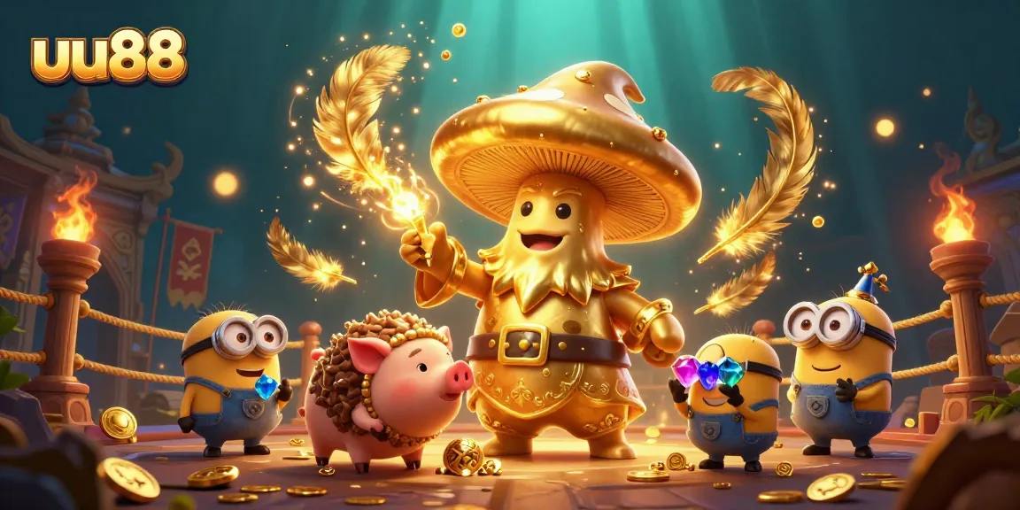 uu88 players enjoy a magical experience with a golden wizard and treasure in an exciting casino scene.