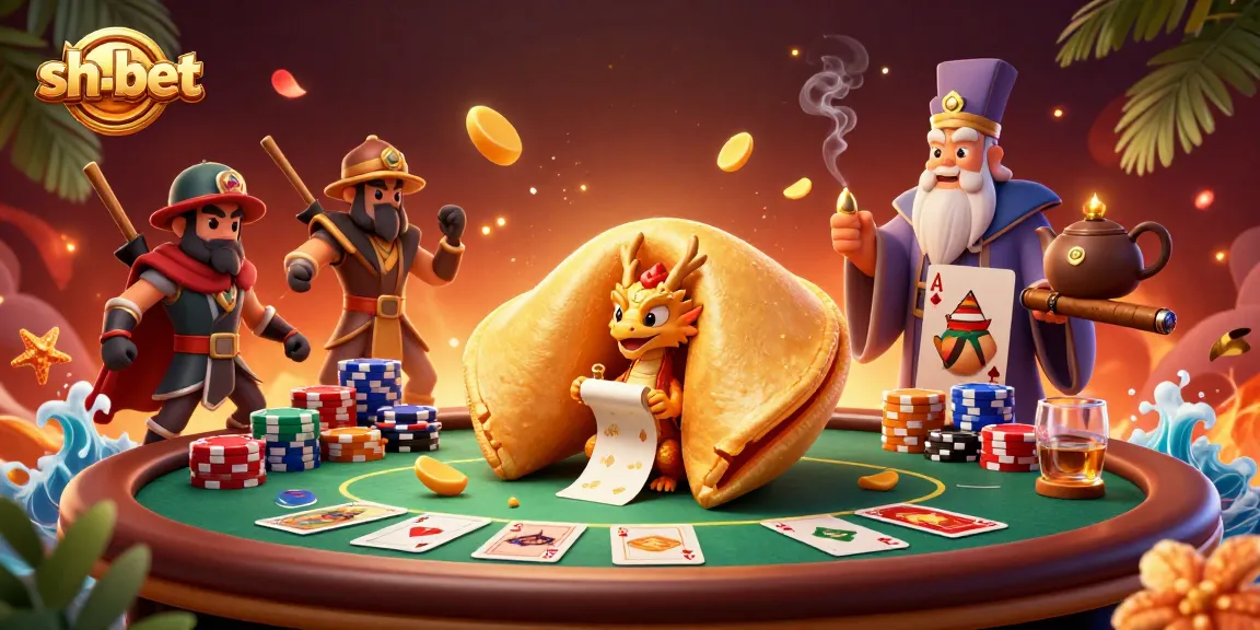 Experience the excitement of sh-bet with a golden fortune cookie scene full of poker action and casino elements.