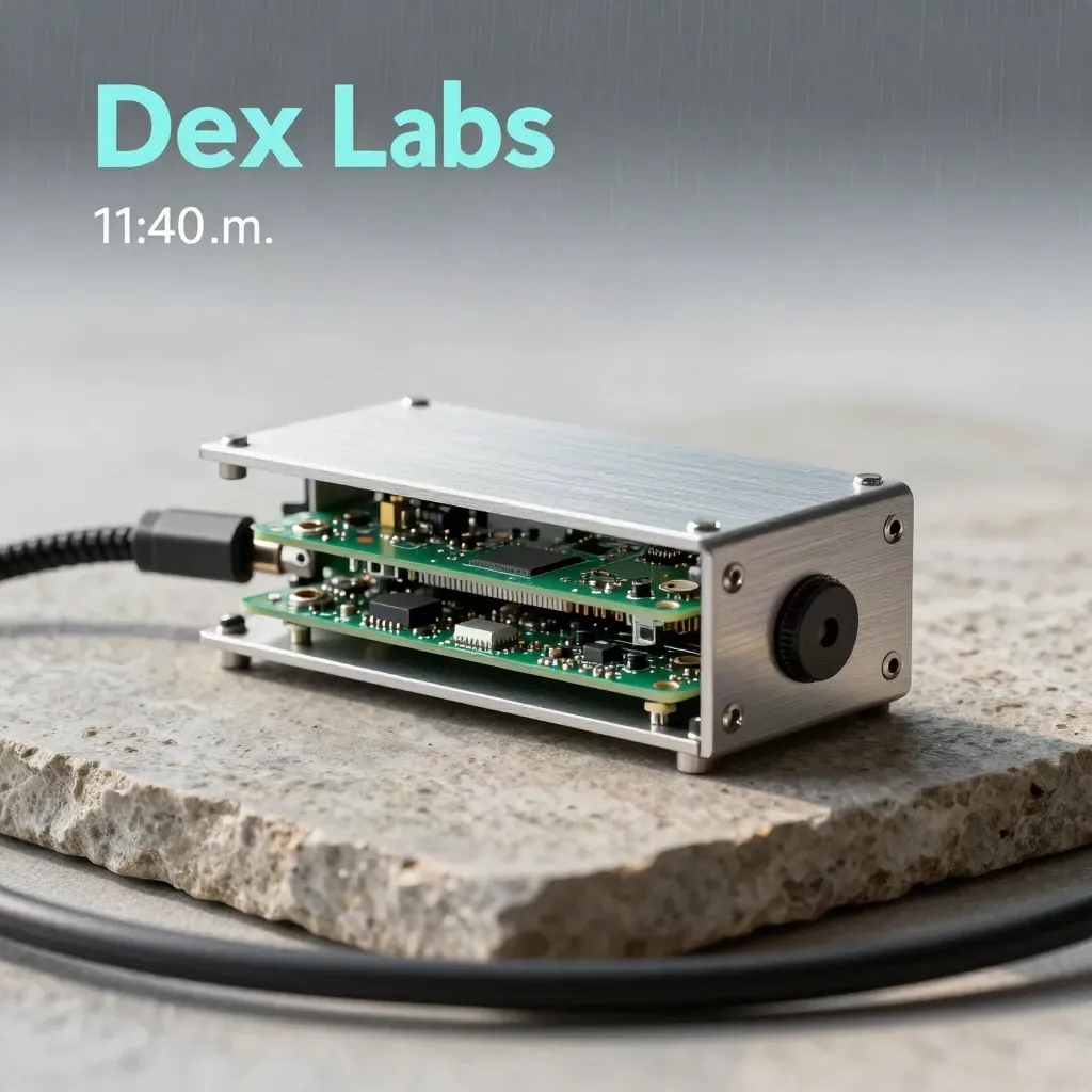 Prototype enclosure with exposed PCB layers and USB-C harness on stone slab